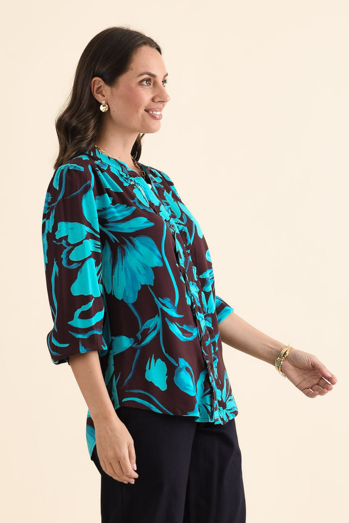 Myth Blue Floral Frill Blouse,brunette model,Side of Outfit,alt text|model:MJ