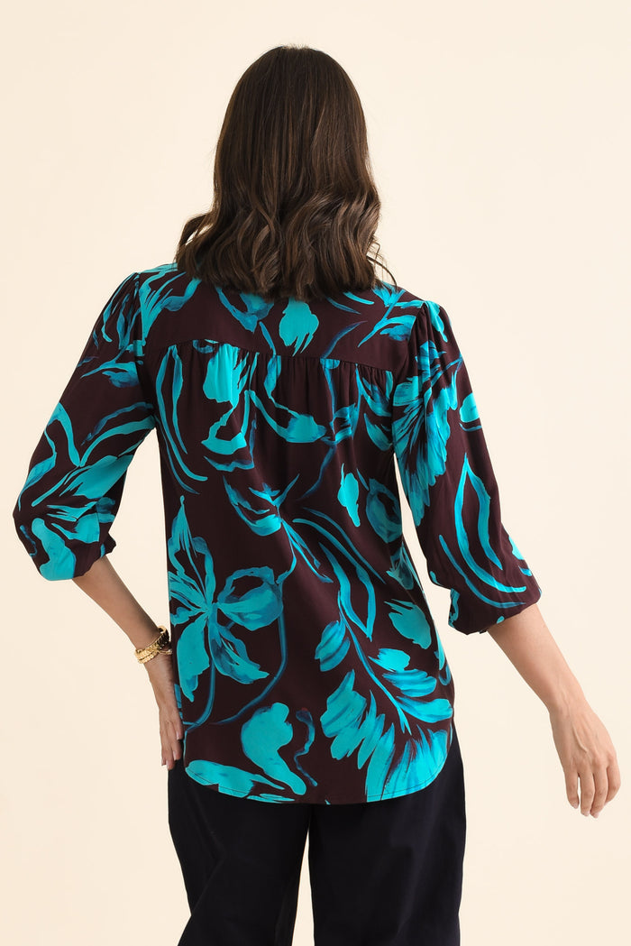 Myth Blue Floral Frill Blouse,brunette model,Back of Outfit,alt text|model:MJ