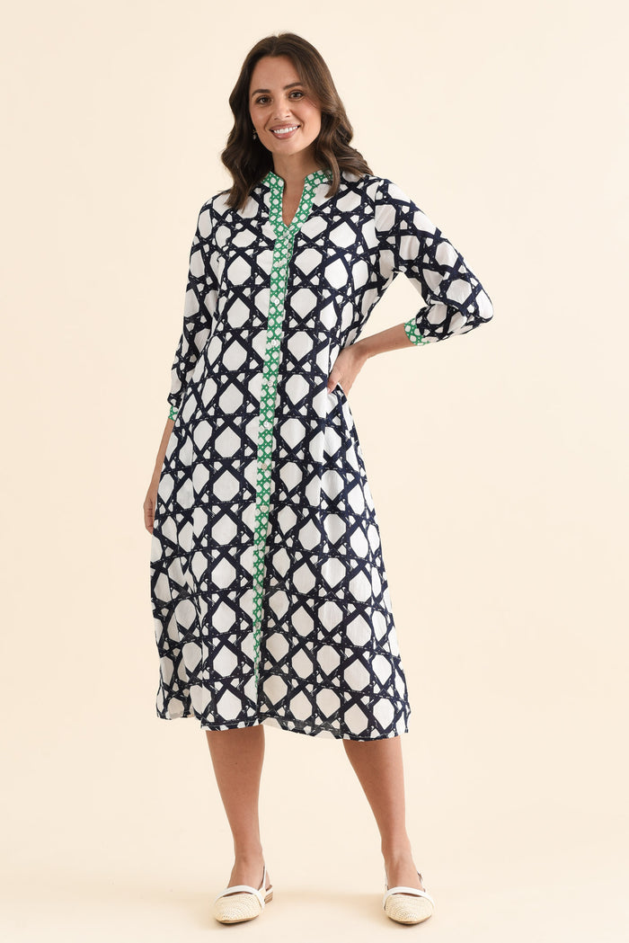 Nagala Navy Geo Cotton Tie Dress,brunette model,Front of Outfit,alt text|model:MJ