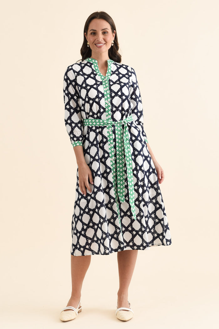 Nagala Navy Geo Cotton Tie Dress,brunette model,Full Outfit,alt text|model:MJ