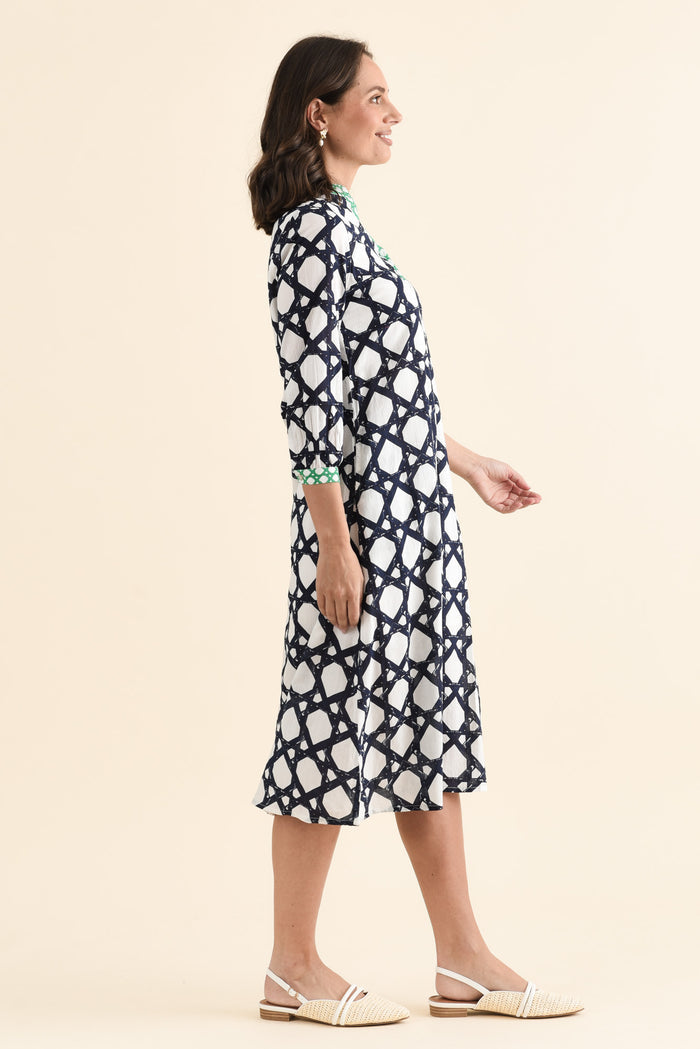 Nagala Navy Geo Cotton Tie Dress,brunette model,Side of Outfit,alt text|model:MJ