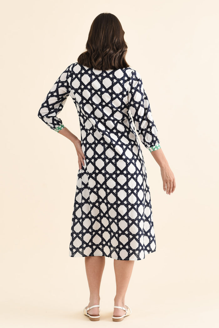 Nagala Navy Geo Cotton Tie Dress,brunette model,Back of Outfit,alt text|model:MJ