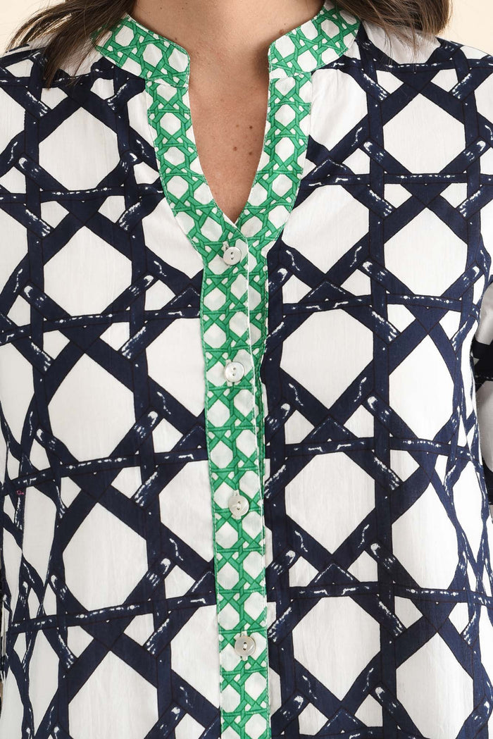 Nagala Navy Geo Cotton Tie Dress,brunette model,Close up of outfit,alt text|model:MJ