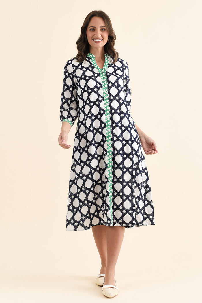 Nagala Navy Geo Cotton Tie Dress,brunette model,Full Outfit,alt text|model:MJ