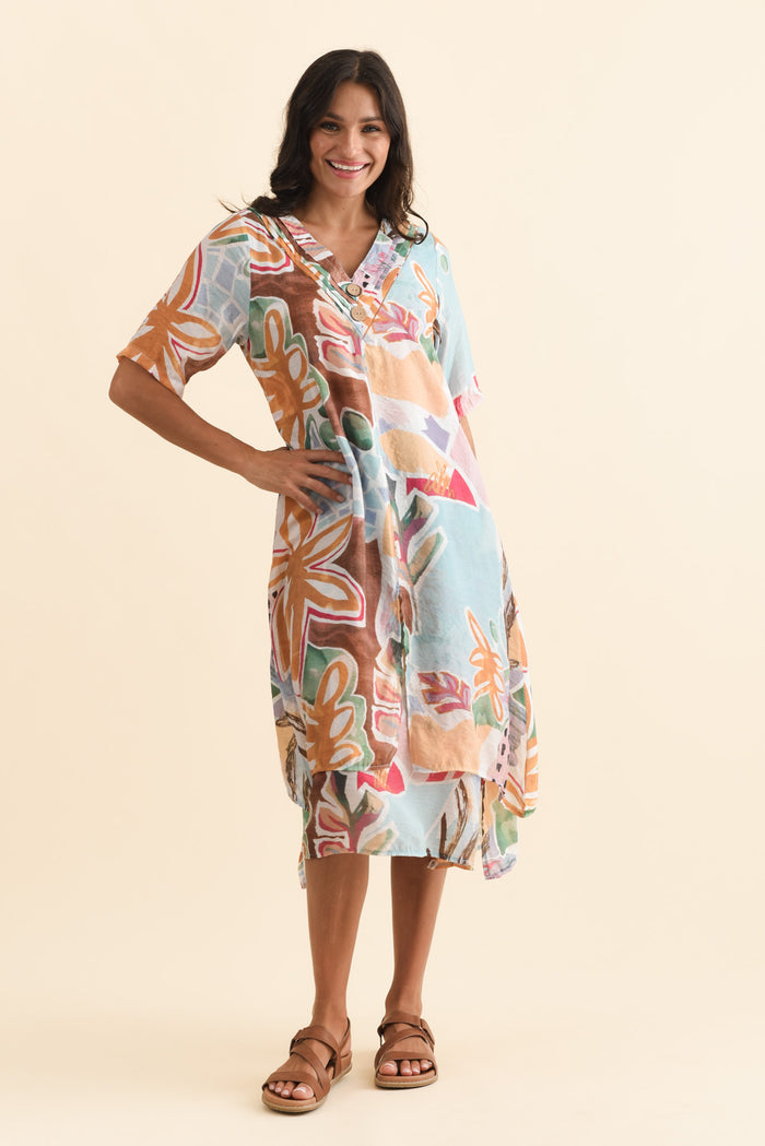 Nala Blue Flower Layers Dress,Brunette model,alt text|model:Brontie
