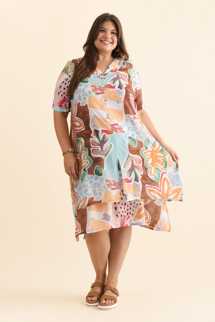 Nala Blue Flower Layers Dress,Brunette model,plus-size,curve-dresses,plus-size-sleeved-dresses,plus-size-below-knee-dresses,plus-size-cotton-dresses,plus-size-summer-dresses,alt text|model:Gabby