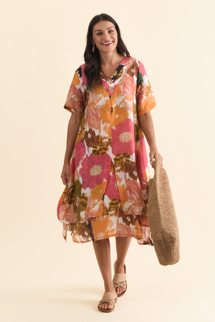 Nala Pink Flower Layers Dress,Brunette model,alt text|model:Brontie