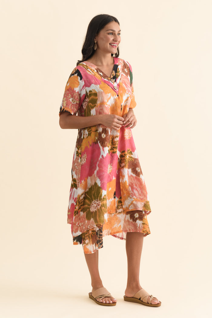 Nala Pink Flower Layers Dress,Brunette model,alt text|model:Brontie