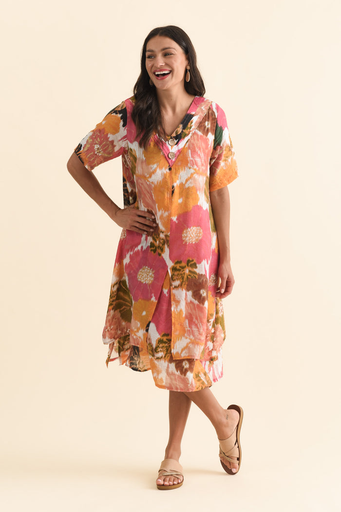 Nala Pink Flower Layers Dress,Brunette model,alt text|model:Brontie
