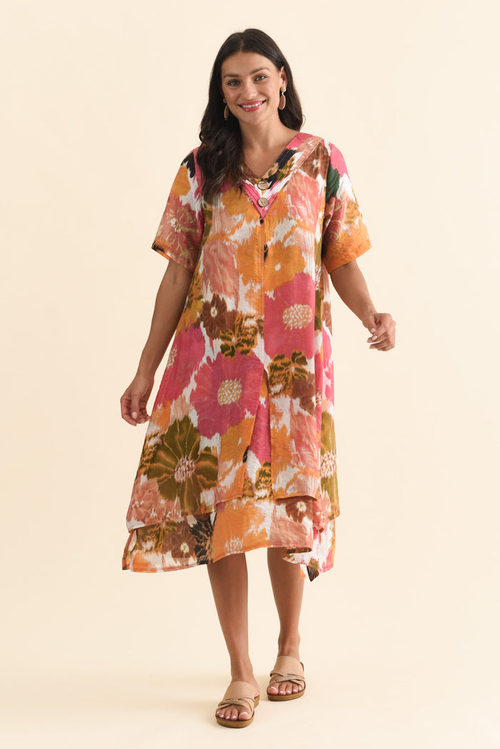 Nala Pink Flower Layers Dress,Brunette model,alt text|model:Brontie