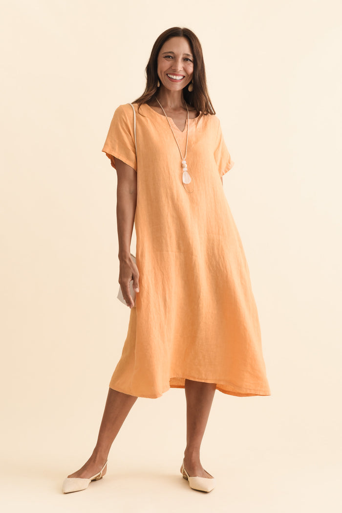Nara Peach Linen Pocket Dress,Brunette model,alt text|model:Cara