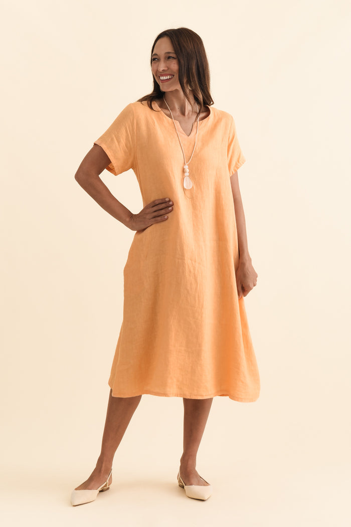 Nara Peach Linen Pocket Dress,Brunette model,alt text|model:Cara