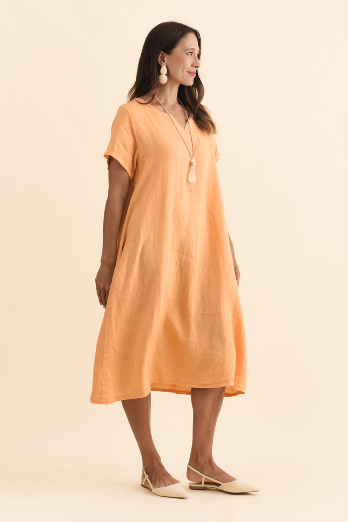 Nara Peach Linen Pocket Dress,Brunette model,alt text|model:Cara