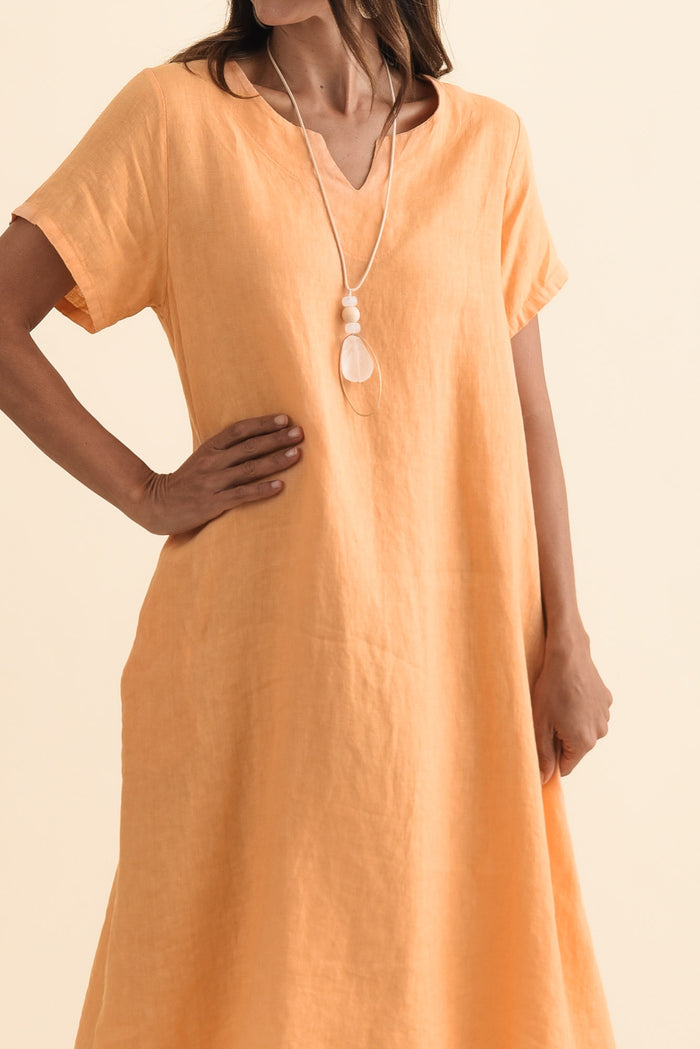 Nara Peach Linen Pocket Dress,Brunette model,alt text|model:Cara