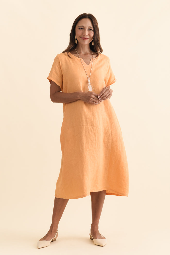 Nara Peach Linen Pocket Dress,Brunette model,alt text|model:Cara