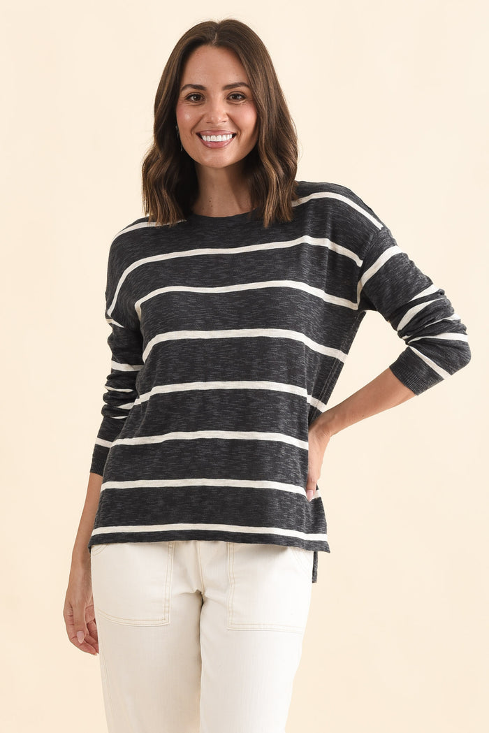 Natasha Charcoal Stripe Knit Top,Brunette model,alt text|model:MJ