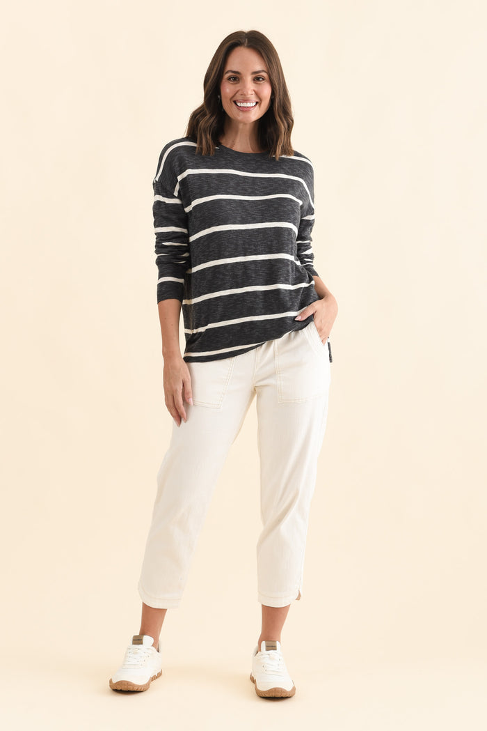 Natasha Charcoal Stripe Knit Top,Brunette model,alt text|model:MJ