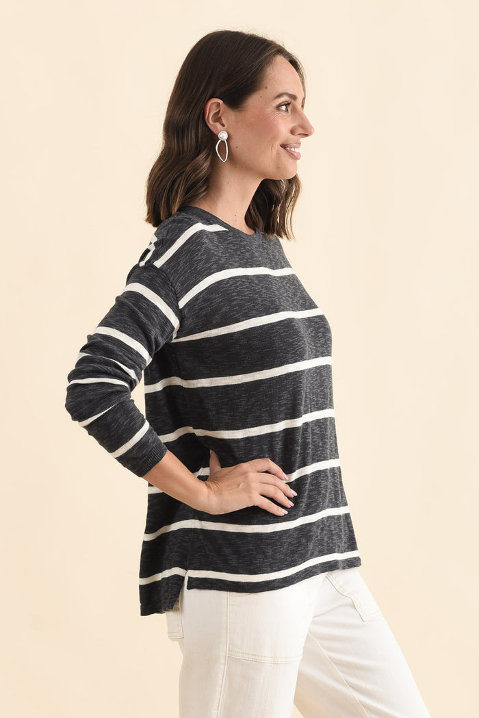 Natasha Charcoal Stripe Knit Top,Brunette model,alt text|model:MJ