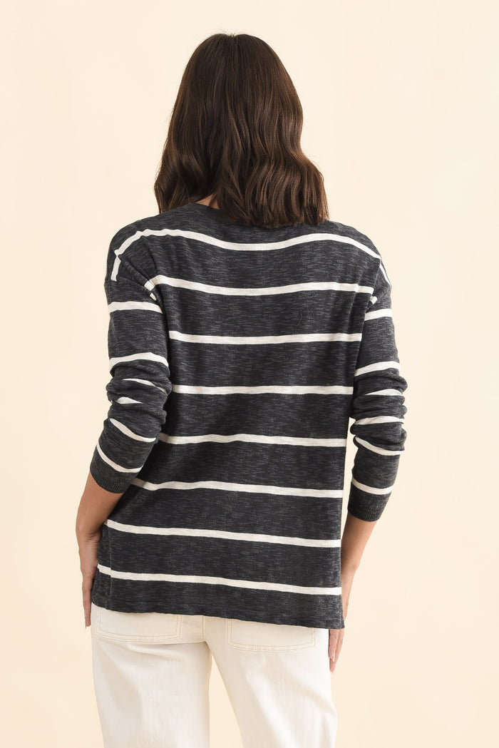 Natasha Charcoal Stripe Knit Top,Brunette model,alt text|model:MJ