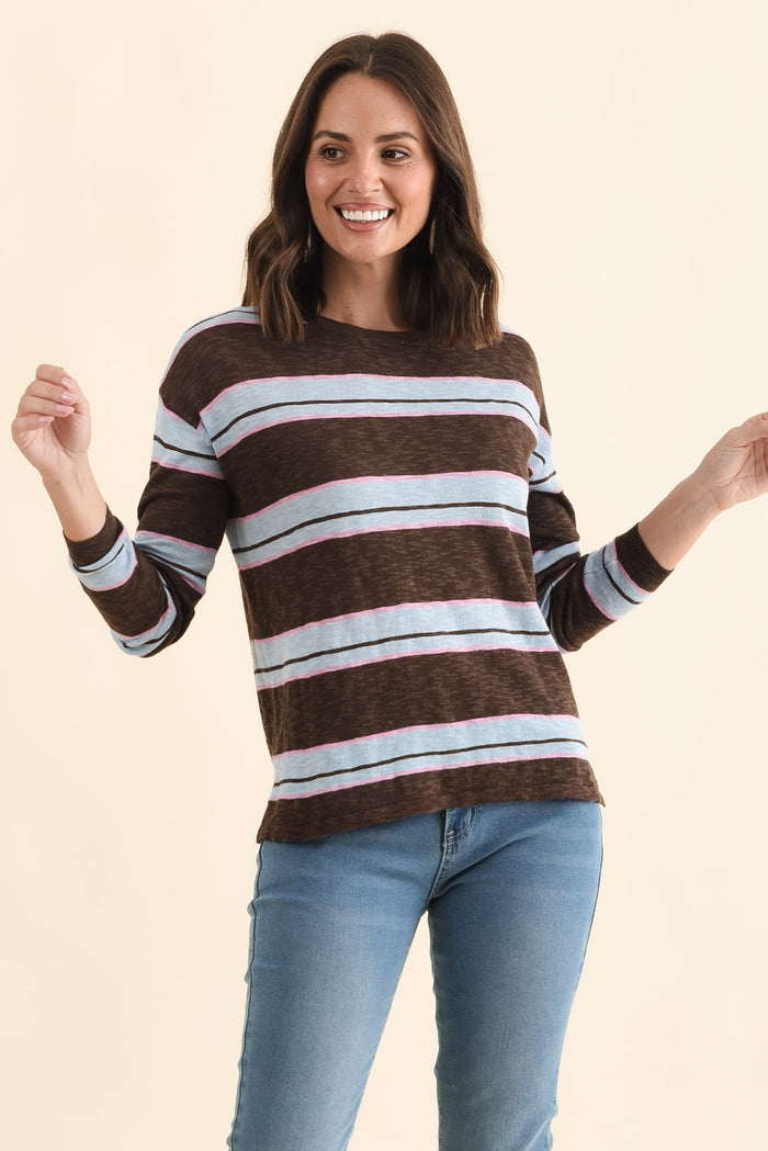 Natasha Mocha Stripe Knit Top,Brunette model,alt text|model:MJ