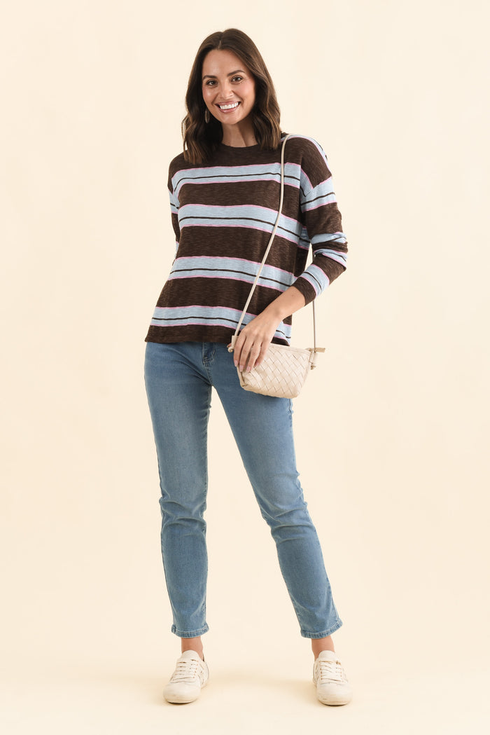 Natasha Mocha Stripe Knit Top,Brunette model,alt text|model:MJ