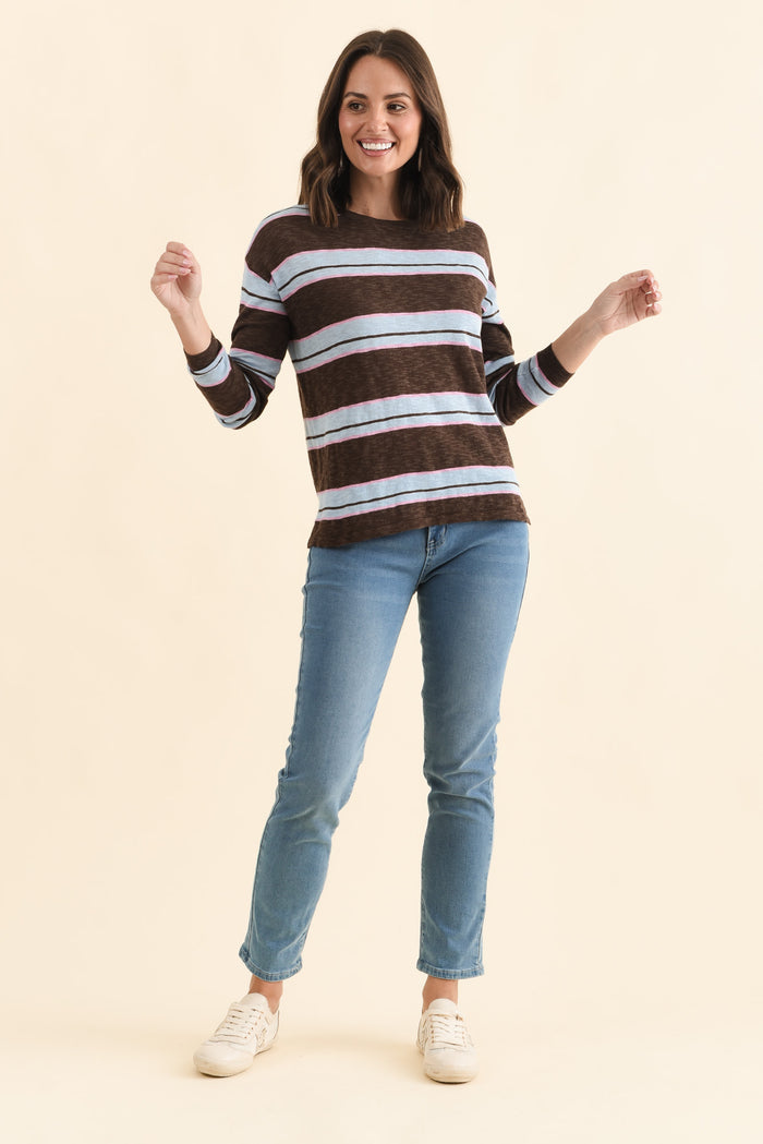Natasha Mocha Stripe Knit Top,Brunette model,alt text|model:MJ