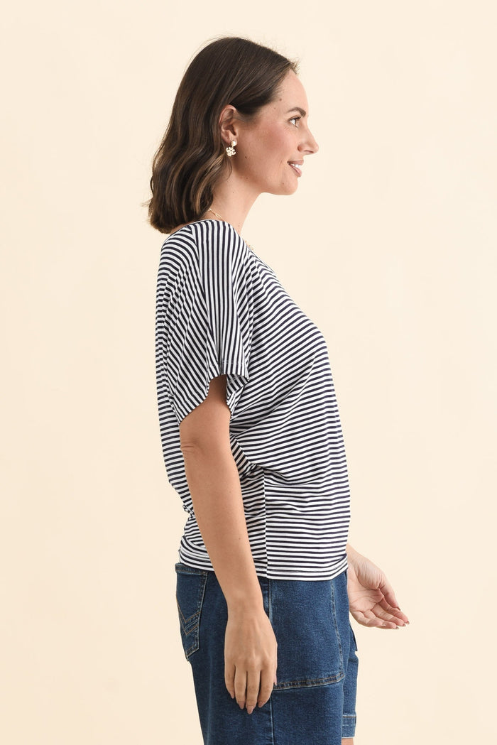 Navy and White Stripe Maui Tee,Brunette model,alt text|model:MJ