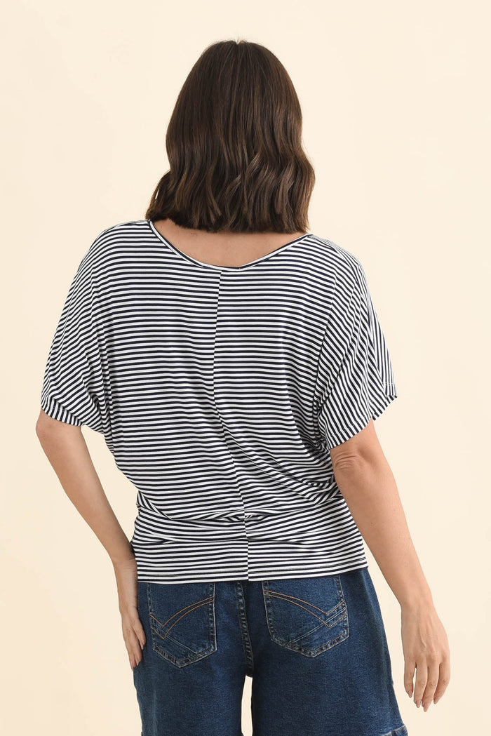Navy and White Stripe Maui Tee,Brunette model,alt text|model:MJ
