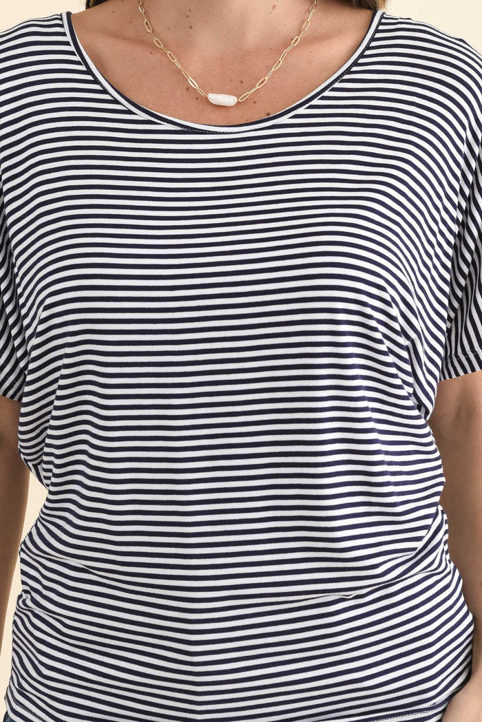 Navy and White Stripe Maui Tee,Brunette model,alt text|model:MJ