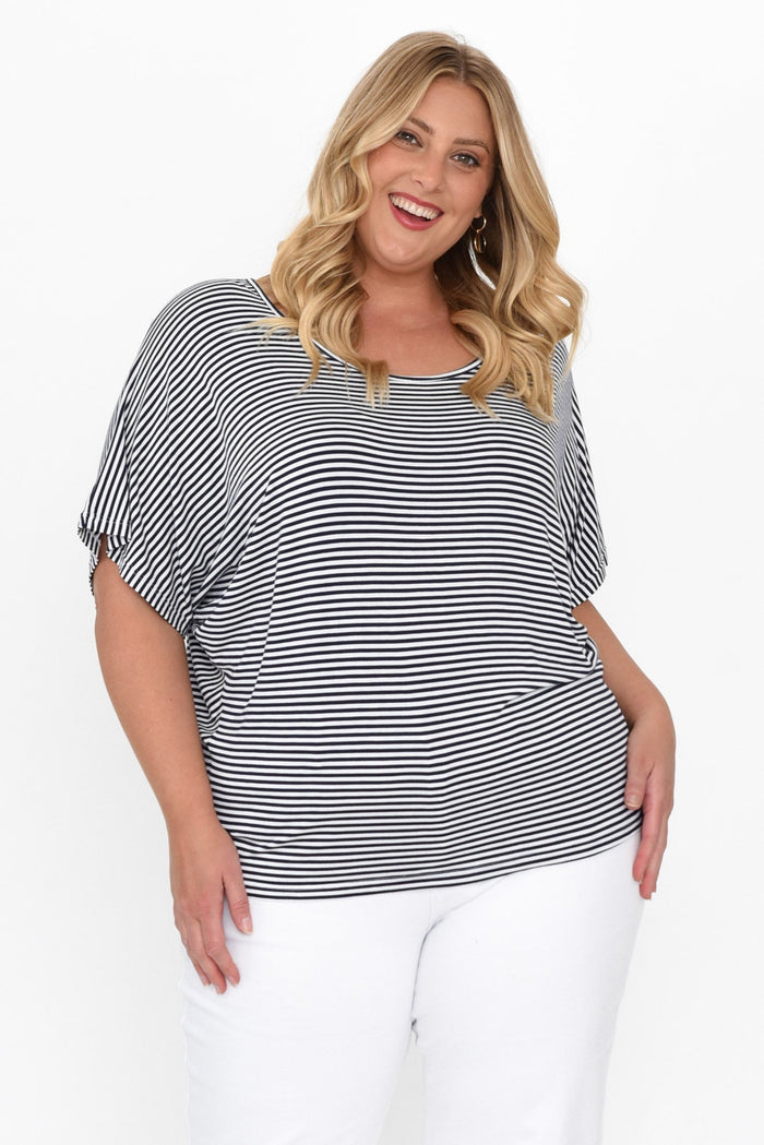 Navy and White Stripe Maui Tee,Blonde model,plus-size,curve-basics,curve-tops,plus-size-basic-tops, alt text|model:Caitlin