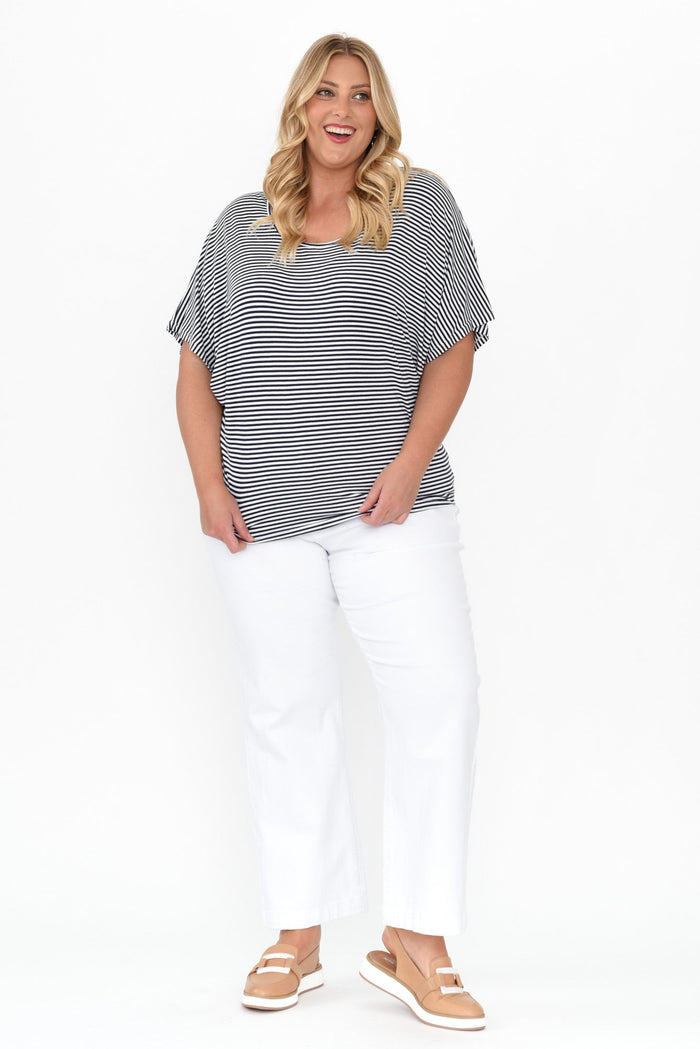 Navy and White Stripe Maui Tee,Blonde model,alt text|model:Caitlin