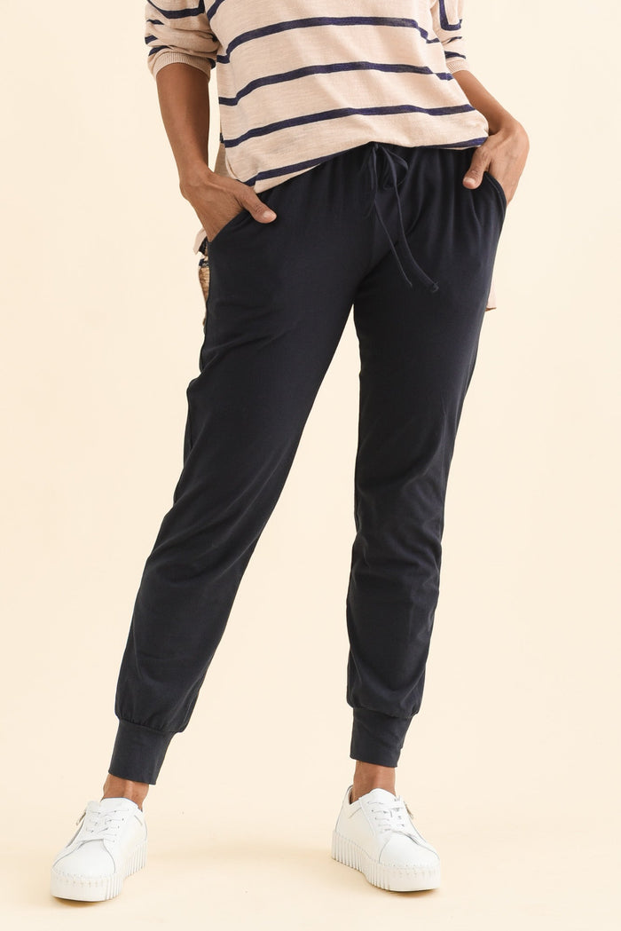 Navy Cotton Everyday Tie Sweatpants,Brunette model,alt text|model:Cara