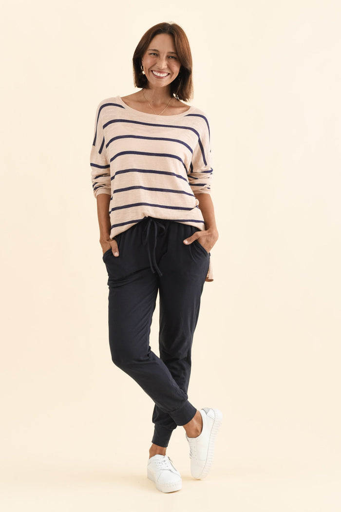 Navy Cotton Everyday Tie Sweatpants,Brunette model,alt text|model:Cara