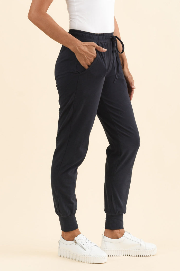 Navy Cotton Everyday Tie Sweatpants,Brunette model,alt text|model:Cara