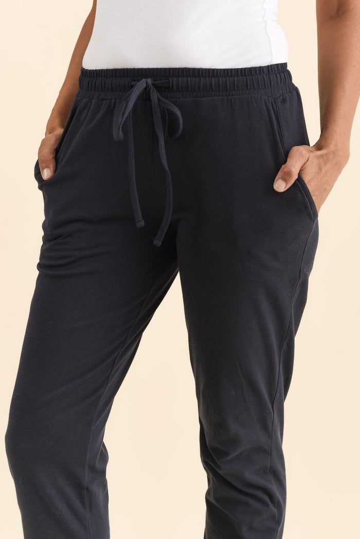 Navy Cotton Everyday Tie Sweatpants,Brunette model,alt text|model:Cara