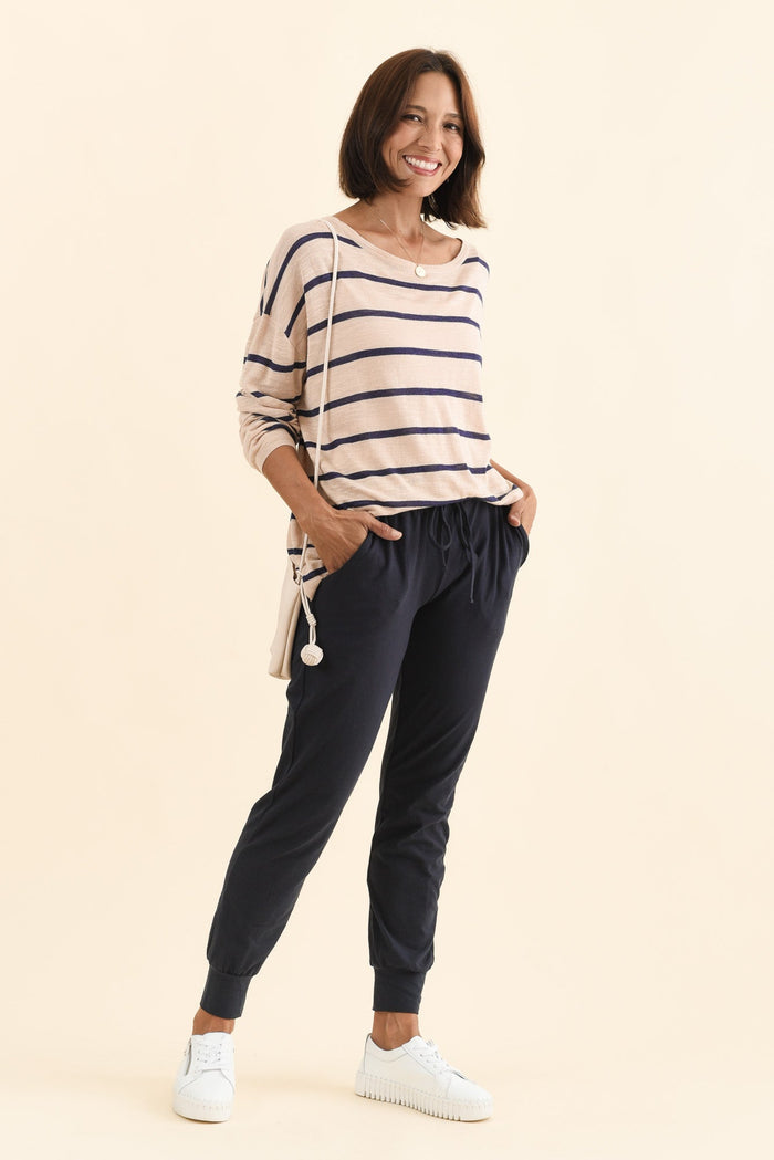 Navy Cotton Everyday Tie Sweatpants,Brunette model,alt text|model:Cara