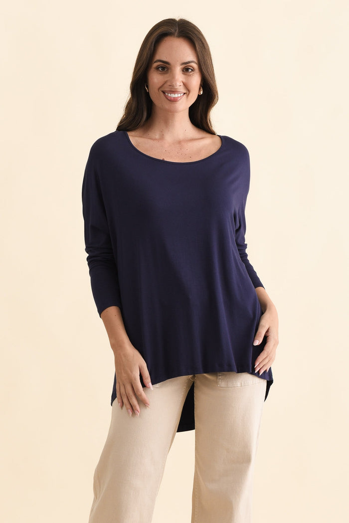 Navy Milan 3/4 Sleeve Top,Brunette model,alt text|model:MJ