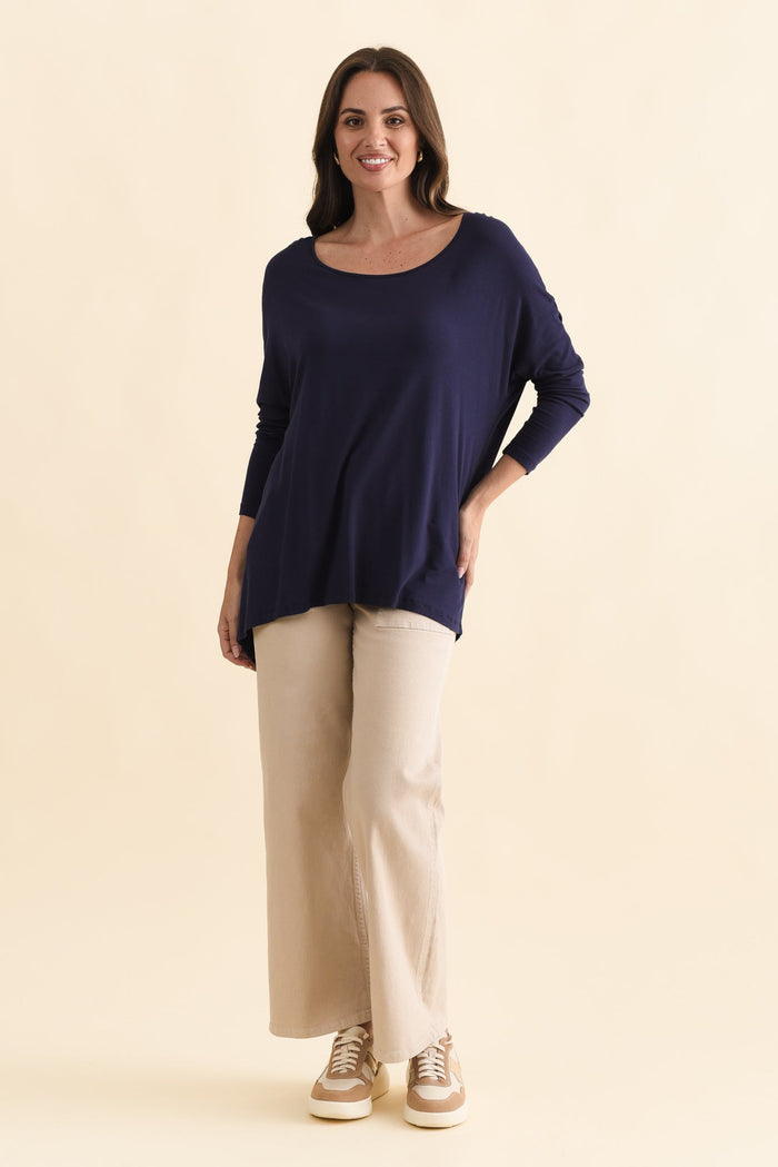 Navy Milan 3/4 Sleeve Top,Brunette model,alt text|model:MJ