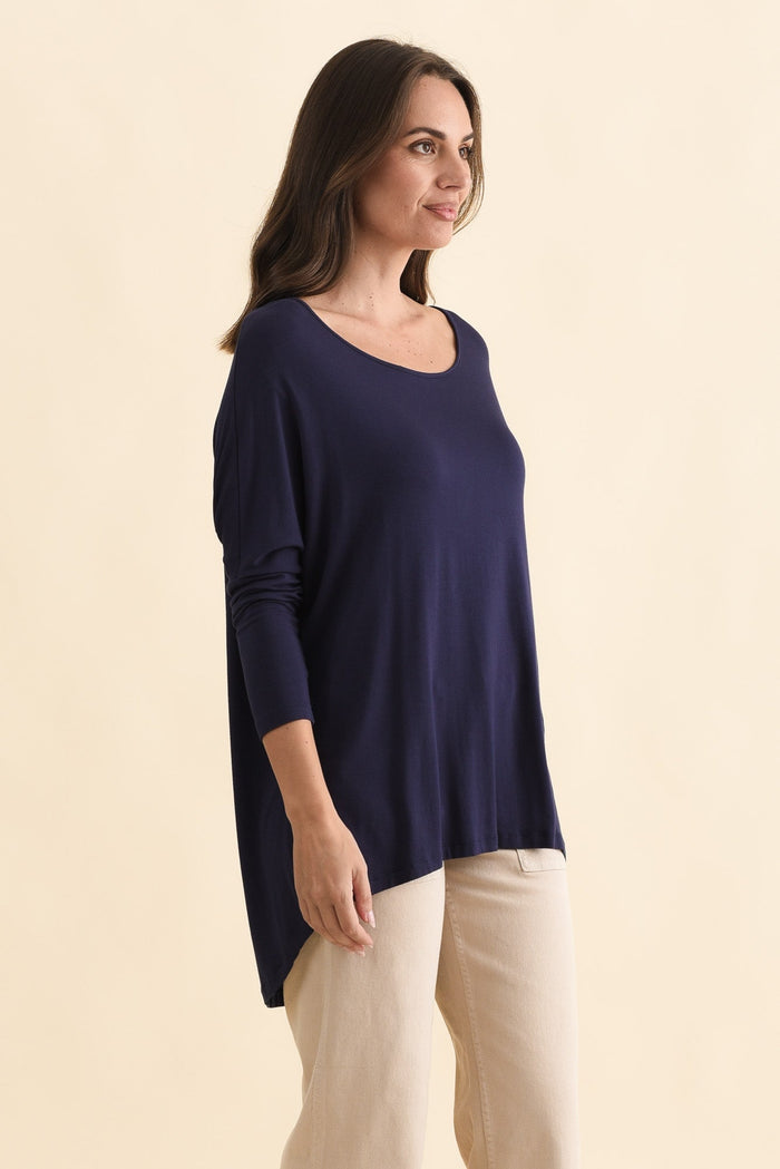 Navy Milan 3/4 Sleeve Top,Brunette model,alt text|model:MJ