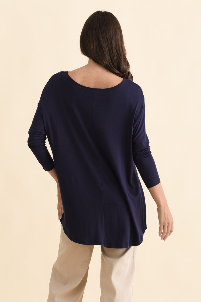 Navy Milan 3/4 Sleeve Top,Brunette model,alt text|model:MJ