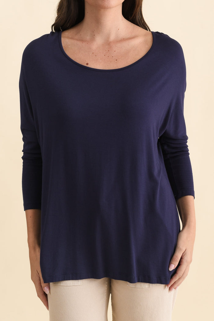 Navy Milan 3/4 Sleeve Top,Brunette model,alt text|model:MJ