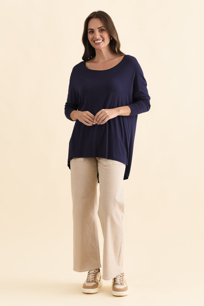 Navy Milan 3/4 Sleeve Top,Brunette model,alt text|model:MJ