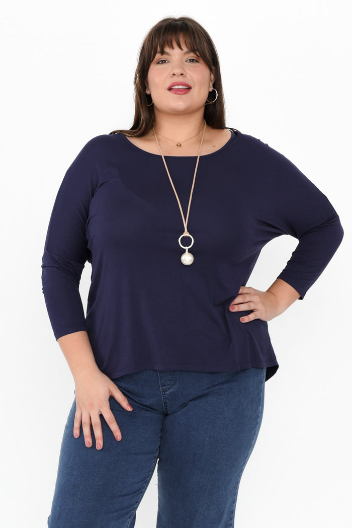 Navy Milan 3/4 Sleeve Top,Brunette model,plus-size,curve-basics,curve-tops,plus-size-sleeved-tops,plus-size-basic-tops,plus-size-winter-clothing,alt text|model:Gabby
