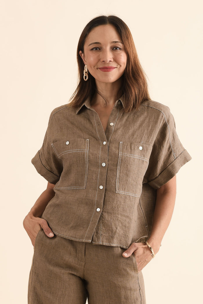 Neesha Mocha Linen Shirt,Front,Brunette model,alt text|model:Cara