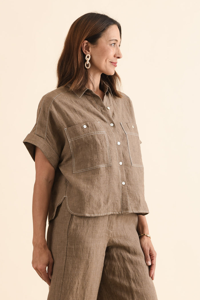 Neesha Mocha Linen Shirt,Side,Brunette model,alt text|model:Cara