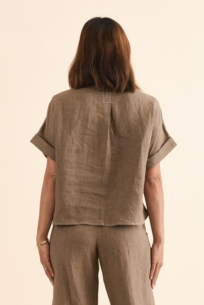 Neesha Mocha Linen Shirt,Back,Brunette model,alt text|model:Cara