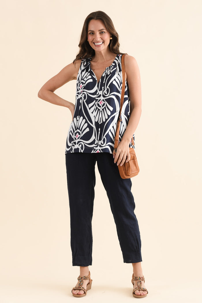 Neisha Navy Abstract Tassel Top,Full Body,Brunette model,alt text|model:MJ