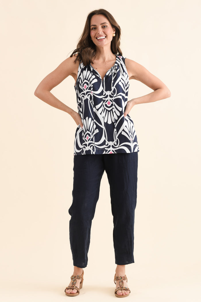 Neisha Navy Abstract Tassel Top,Full Body,Brunette model,alt text|model:MJ