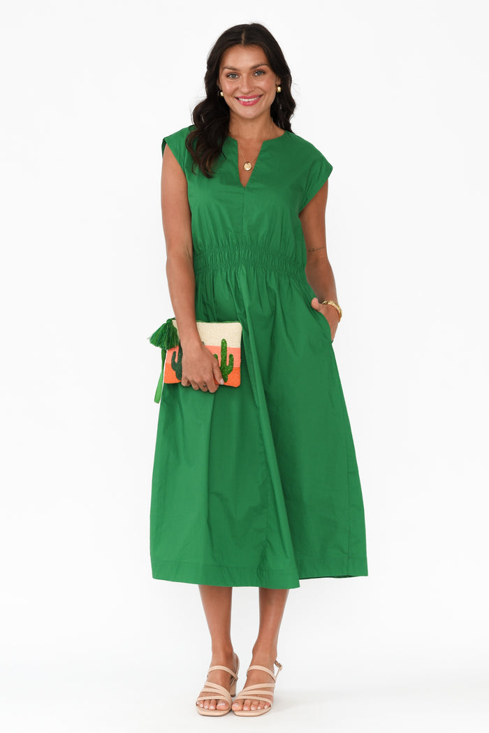 Nelly Green Cotton Midi Dress,Brunette model,alt text|model:Brontie
