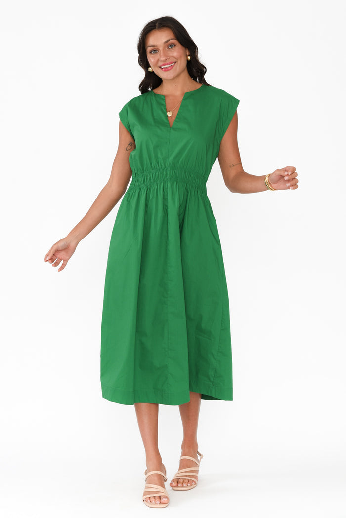 Nelly Green Cotton Midi Dress,Brunette model,alt text|model:Brontie